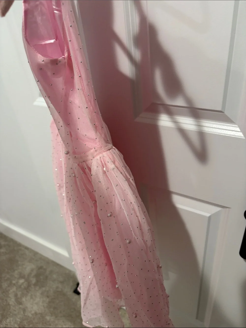 Lola + The Boys Pink Crystal Pearl Tule Tan Dress in Pink